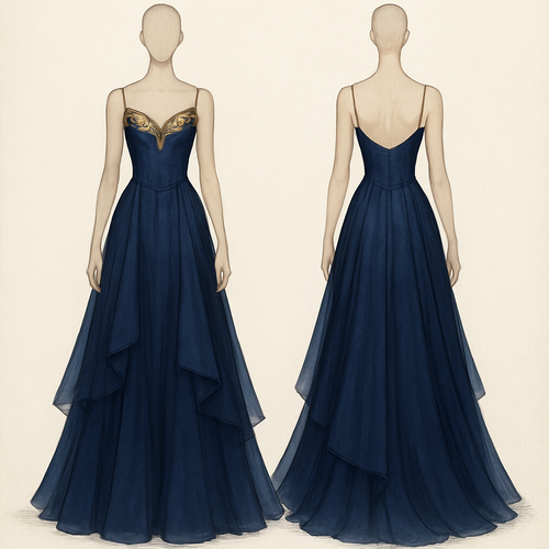 A slim, silk, midnight blue bodice with gold highlights at the top with a flow skirt of three layers with a deeper midnight blue colour that drops from the chest on the front to just below the but on the back
