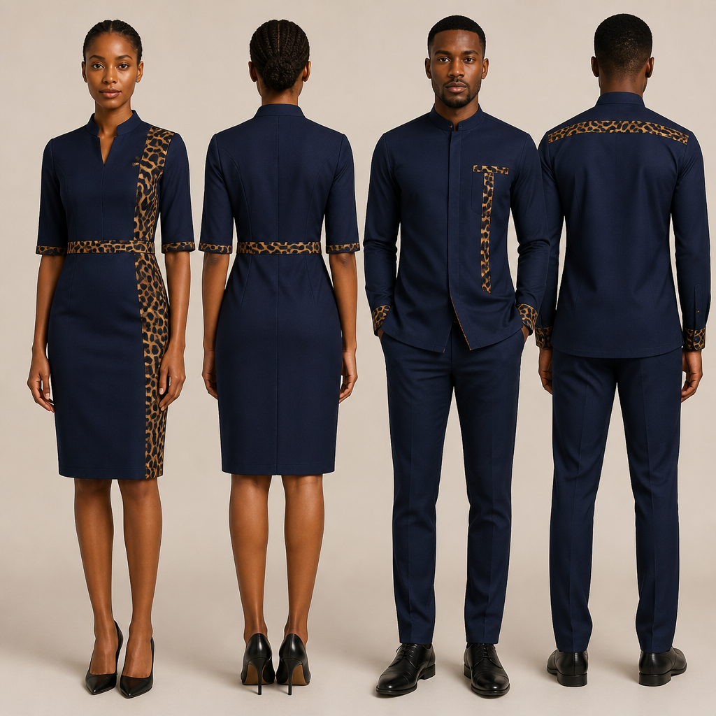 Robe hôtesse restaurant droite avec des designs IA en motifs tissu panthères noir et marron, de même pour homme chemise et pantalon, style africain.
Couleur du vêtement bleu marine
photorealistic fashion design, Robe hôtesse restaurant droite avec des designs IA en motifs tissu panthères noir et marron, de même pour homme chemise et pantalon, style africain.
Couleur du vêtement bleu marine , office style, just the design no text, show front and back