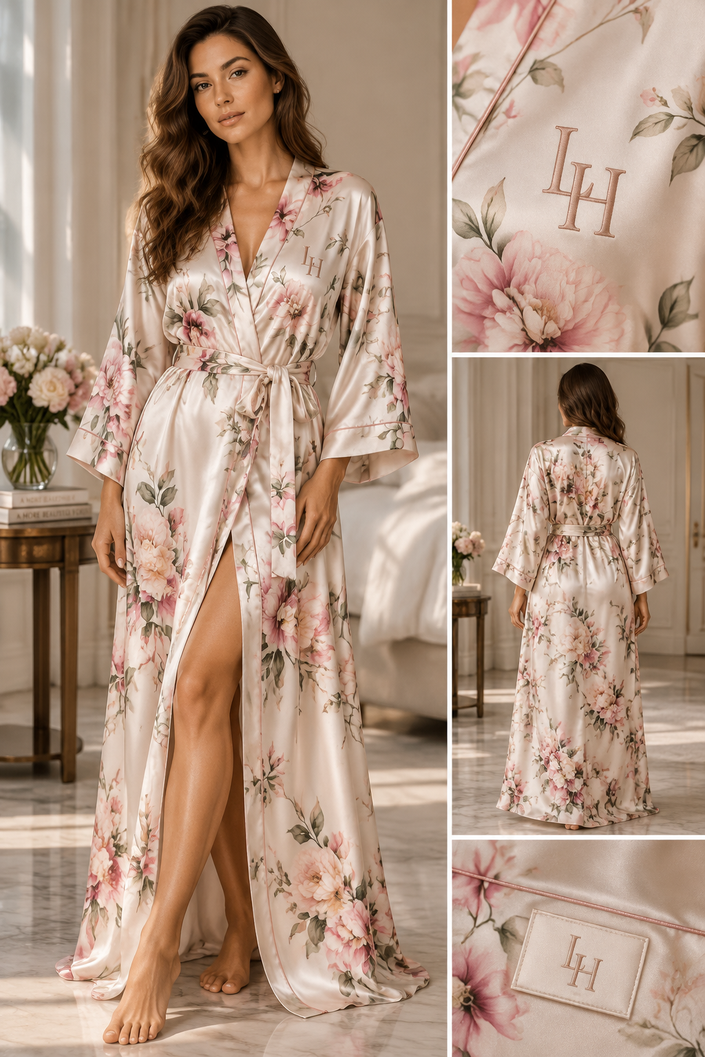 flowery silki long dressing gown, with logo LH
flowery silki long dressing gown, with logo LH