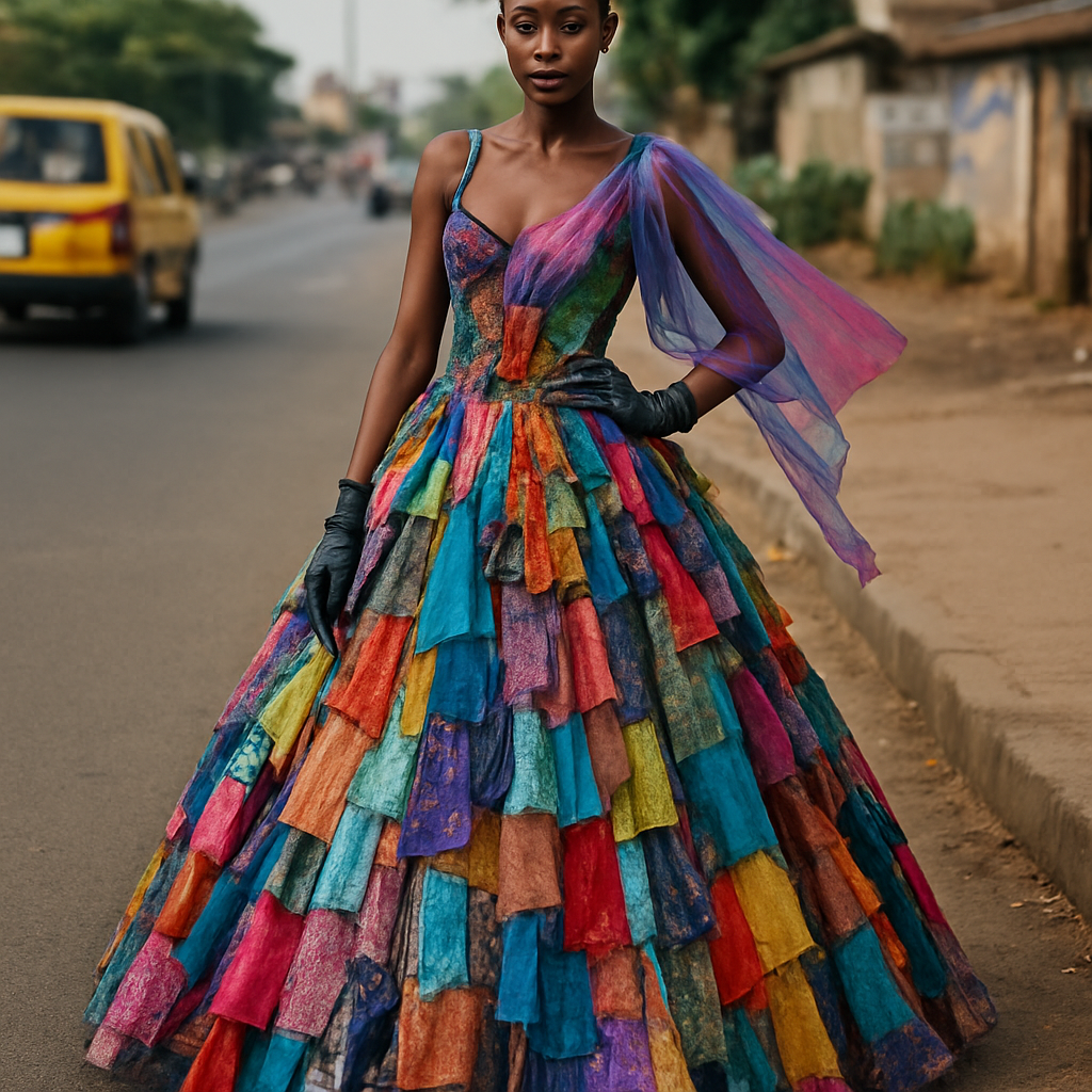 I want to Create one of kind colorful gown made from scrap fabric with iridescent touches and design with a colorful two tone chiffon for high end fashionista that will give it a sophisticated and gorgeous look on a real human dark skin modeling it on the roadside of a street in Africa.

I want to Create one of kind colorful gown made from scrap fabric with iridescent touches and design with a colorful two tone chiffon for high end fashionista that will give it a sophisticated and gorgeous look on a real human dark skin modeling it on the roadside of a street in Africa., punk style