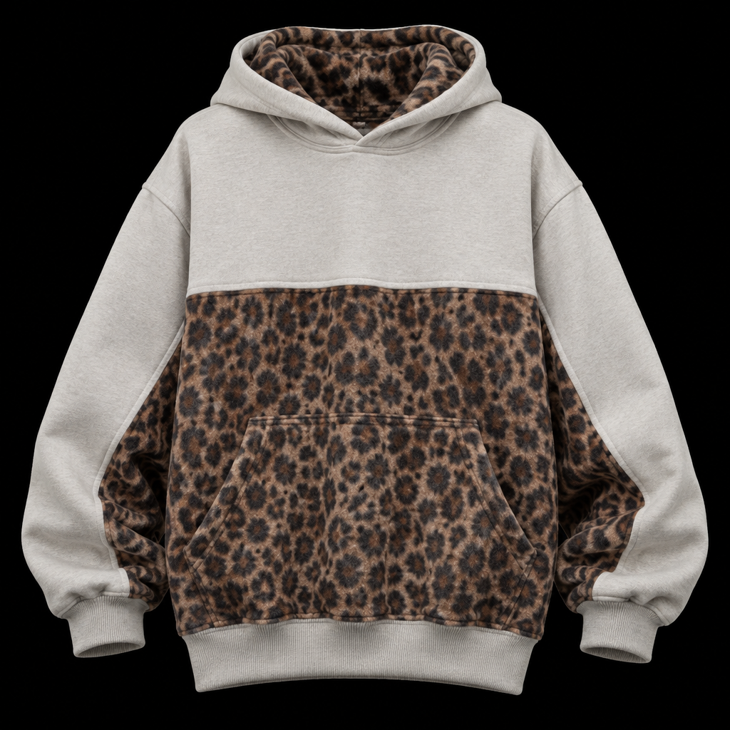 original hoodie design while keeping the exact same overall shape, proportions, oversized fit, sleeve shape, seams, and color placement. Change the entire pink/mauve fabric section of the hoodie to a realistic leopard-print fabric, including the lower front body and the inner lower sleeve sections. Keep the upper chest/shoulder section and the outer sleeves light gray/off-white. Make the inside of the hood leopard-print as well. The hood must be relaxed, soft, loose and naturally collapsed/draped around the neck, exactly like the hood shape in the second reference image — not standing upright, not stiff, and not forming a tall opening. Remove ALL green dots, decorations, logos, writing, text, symbols and branding from the hoodie. Keep the design clean and minimal. Preserve realistic fabric texture, stitching, folds and natural shadows. Front-facing product fashion render on a plain black background
photorealistic fashion design, original hoodie design while keeping the exact same overall shape, proportions, oversized fit, sleeve shape, seams, and color placement. Change the entire pink/mauve fabric section of the hoodie to a realistic leopard-print fabric, including the lower front body and the inner lower sleeve sections. Keep the upper chest/shoulder section and the outer sleeves light gray/off-white. Make the inside of the hood leopard-print as well. The hood must be relaxed, soft, loose and naturally collapsed/draped around the neck, exactly like the hood shape in the second reference image — not standing upright, not stiff, and not forming a tall opening. Remove ALL green dots, decorations, logos, writing, text, symbols and branding from the hoodie. Keep the design clean and minimal. Preserve realistic fabric texture, stitching, folds and natural shadows. Front-facing product fashion render on a plain black background, just the design no text