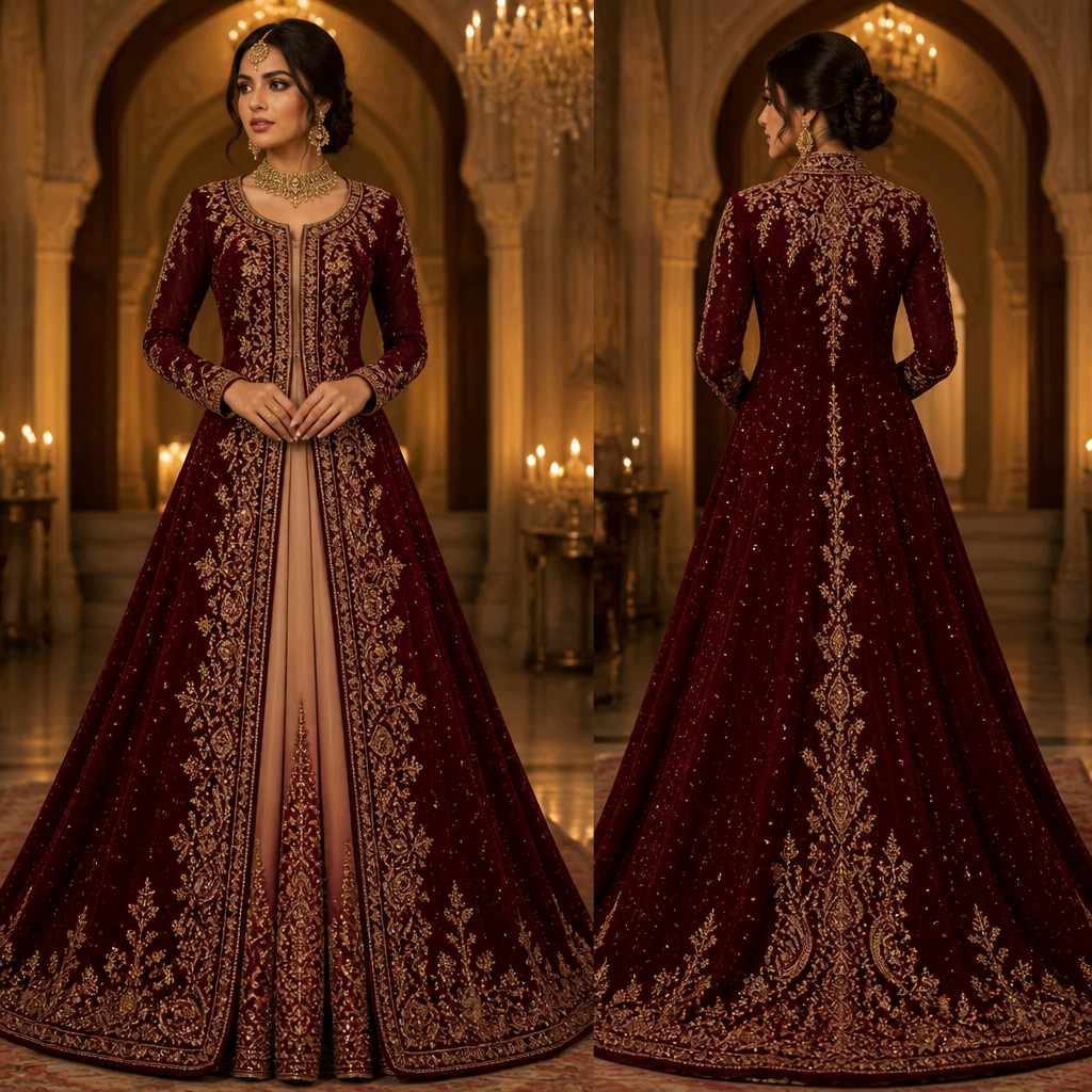 The inside dress in white colour and the outside in merown and remove end in hand white colour make it full in merown colour and also the stone in golden colour and make little bit Indian Muslim wedding type
photorealistic fashion design, The inside dress in white colour and the outside in merown and remove end in hand white colour make it full in merown colour and also the stone in golden colour and make little bit Indian Muslim wedding type, royalcore style, just the design no text