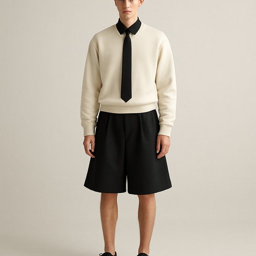 Cream long sleeve sweatshirt with black button shirt up underneath showing black collar and oversized black flared sweat shorts and black tie. Shoe head to toe