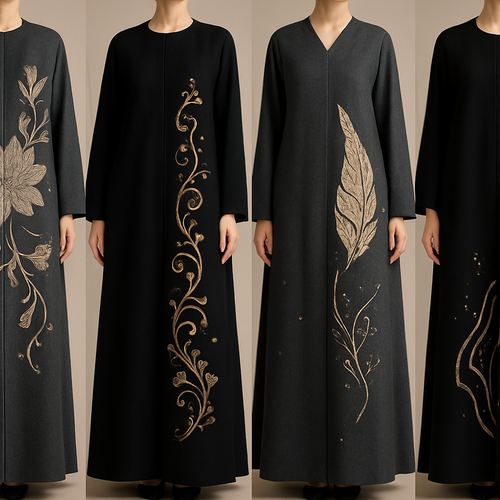 Create a modest abaya that's the first of its kind, featuring a unique stone design that exudes a classy and sophisticated vibe. I'd like four designs, each showcasing different styles and fabrics.Incorporate high-end, unique chic stone designs to make them truly special. And add little cute touch of sophisticated stone designs. Add huge flower and unique designs.