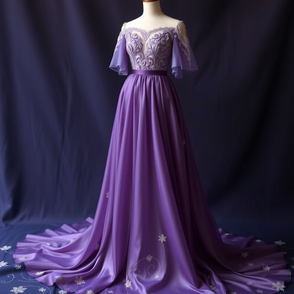 Long dress
Ethereal long dress, cascading silk fabric, shimmering in shades of twilight violet. Delicate lace bodice, intricate floral embroidery, soft off-the-shoulder sleeves. Floor-length hem, swirling patterns of deep navy and sparkling silver accents. Cinched waist, a flowing train, exuding romance and grace, perfect for a moonlit garden soirée. Timeless elegance embodied.
