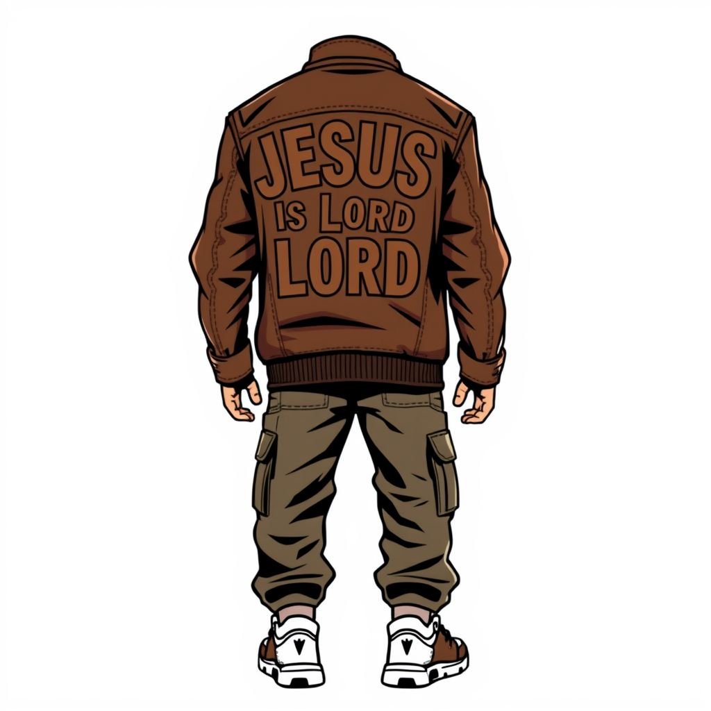 Create a brown leather jacket with “Jesus is Lord” embroidered on the back, with a “DV” on the front
Design an edgy brown leather jacket that embodies contemporary streetwear vibes. The back features bold, oversized embroidery stating "Jesus is Lord," blending spiritual themes with urban aesthetics. On the front, a stylish, minimalist "DV" accent captures attention. Complete the look with relaxed-fit cargo pants, chunky sneakers, and vibrant graphic tees.