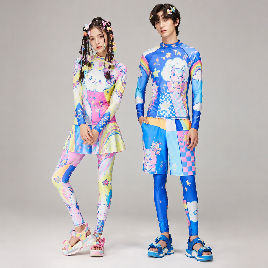 A Unisex Swimwear design, with modest, full coverage: longer hemlines, higher necklines and covered shoulders, suitable for Summer, in Decora style. VE fashion aesthetics. Present it as professional fashion catalogue photography: the garment is the subject, shown full-length with editorial styling, neutral posing and tasteful, non-suggestive framing.
photorealistic fashion design, A Unisex Swimwear design, with modest, full coverage: longer hemlines, higher necklines and covered shoulders, suitable for Summer, in Decora style. VE fashion aesthetics. Present it as professional fashion catalogue photography: the garment is the subject, shown full-length with editorial styling, neutral posing and tasteful, non-suggestive framing., decora style, just the design no text