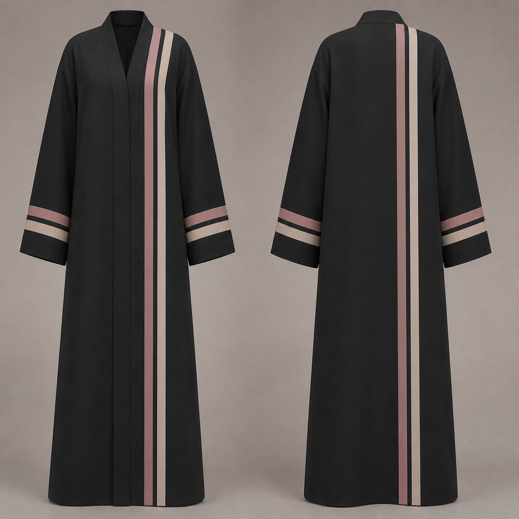 6. Modern matte black abaya with dusty rose and soft beige double ribbons running vertically along one side, matching details on the sleeves, straight oversized silhouette, elegant structured cuffs, youthful and unique university style, not a dress, front and back view.
photorealistic fashion design, 6. Modern matte black abaya with dusty rose and soft beige double ribbons running vertically along one side, matching details on the sleeves, straight oversized silhouette, elegant structured cuffs, youthful and unique university style, not a dress, front and back view., just the design no text, show front and back