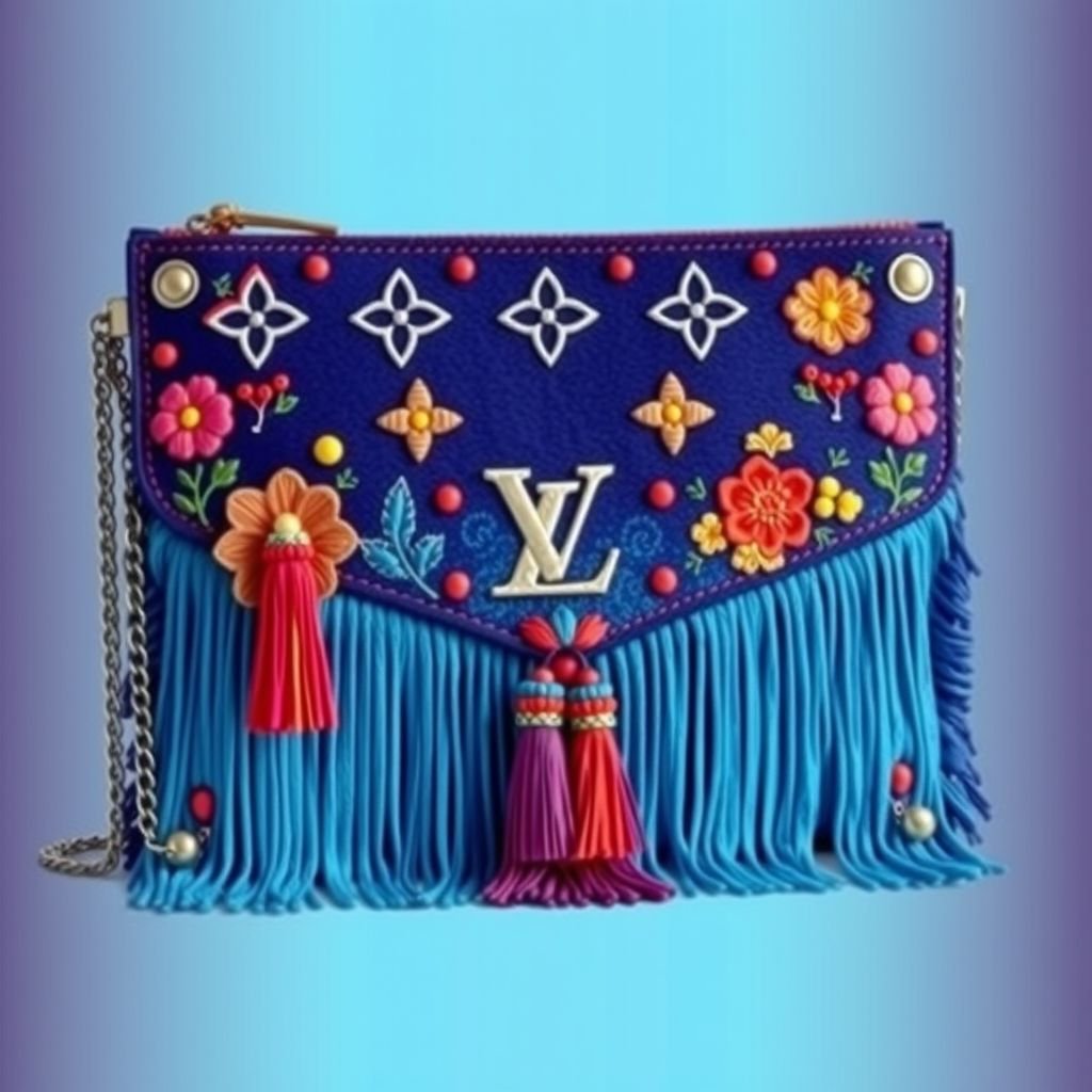 Design a large Louis Vuitton-inspired clutch featuring a vibrant, gradient ombre effect that transitions from deep blue to soft blue. The bag is adorned with intricate, hand-stitched Louis Vuitton motifs and metal edging details. Complete it with a detachable chain strap for versatile wear, combining elegance with a bold statement style.
Envision a large Louis Vuitton-inspired clutch in a boho_chic style, showcasing a vibrant gradient ombre from deep cobalt to serene sky blue. Adorned with intricate, hand-stitched floral motifs and whimsical fringe details, this clutch features playful tassels and colorful bead accents. A versatile detachable chain strap adds an effortless, eclectic flair.