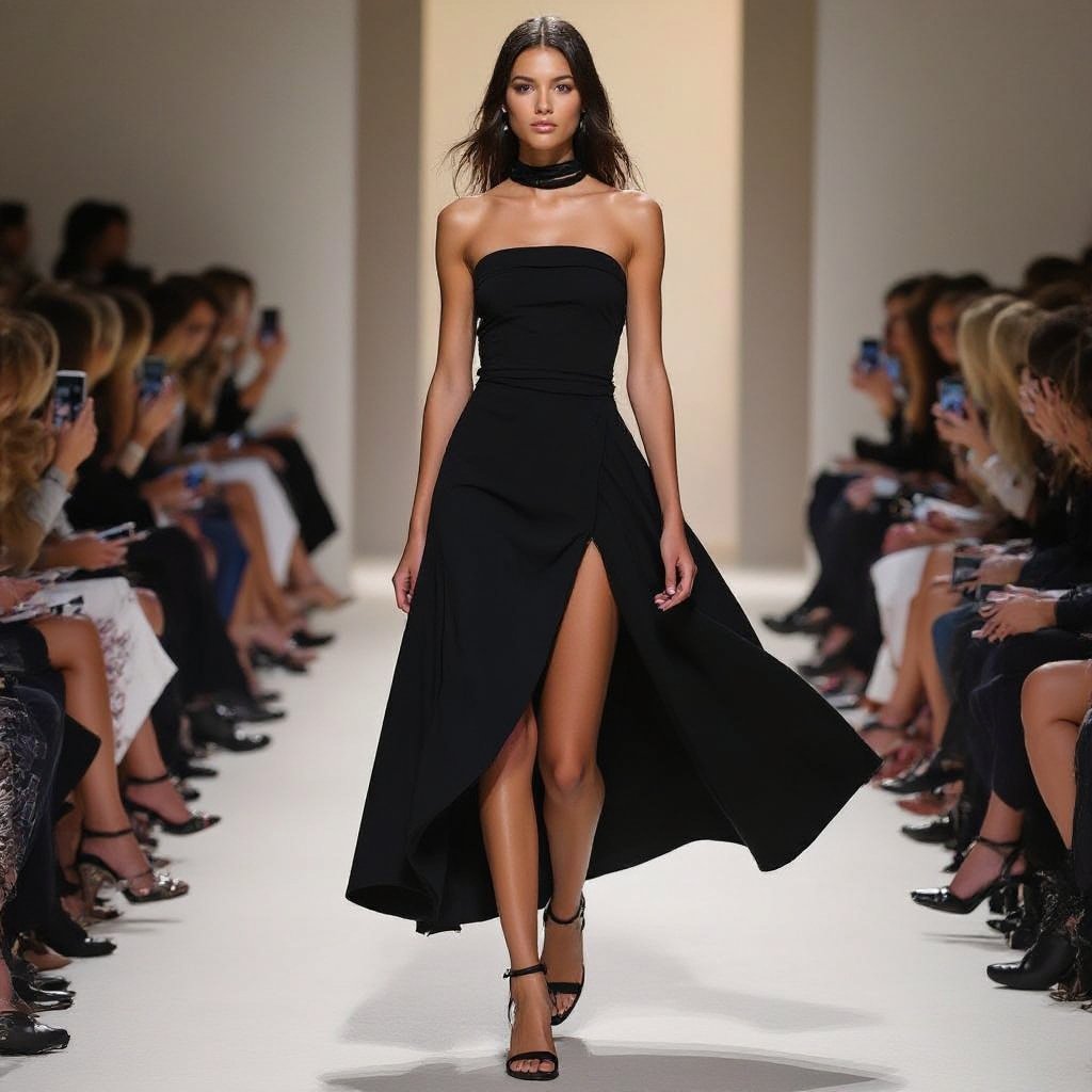 A one peace dress in black colour,strapless one slit , calf length . Halter neck cape like made with strings
Casual fashion: Black cotton strapless dress, calf-length, with one slit. Halter neck made of black strings, creating a cape-like effect.