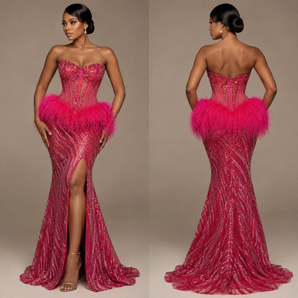 in Classic style. i want this dress turned into a corset with the hot pink colour feathers around the waist feathers along with slit it should look similar to a mermaid sequin dress but the colour should be hot pink. South Africa fashion aesthetics. Present it as professional fashion catalogue photography: the garment is the subject, shown full-length with editorial styling, neutral posing and tasteful, non-suggestive framing.
photorealistic fashion design, in Classic style. i want this dress turned into a corset with the hot pink colour feathers around the waist feathers along with slit it should look similar to a mermaid sequin dress but the colour should be hot pink. South Africa fashion aesthetics. Present it as professional fashion catalogue photography: the garment is the subject, shown full-length with editorial styling, neutral posing and tasteful, non-suggestive framing., classic style, just the design no text