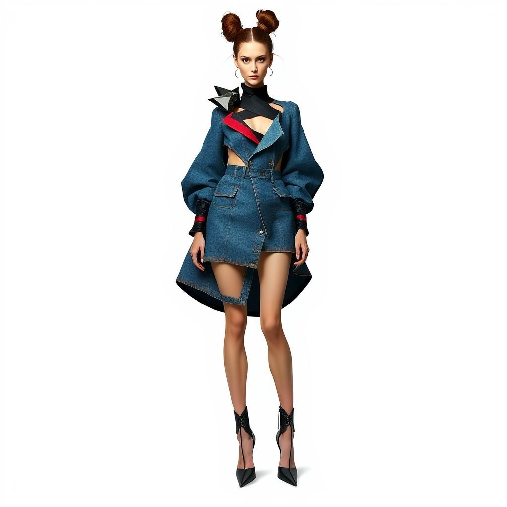 Denim with a short skirt, asymmetrical top, knee high boots and a flare
Create an avant-garde fashion piece featuring an oversized denim short skirt, dramatically asymmetrical top with sculptural elements, and striking knee-high heels. Incorporate unexpected textures and bold colors, playing with volume and shape. Layer contrasting fabrics, integrating geometric cutouts and avant-garde silhouettes for a strikingly unconventional yet cohesive look.