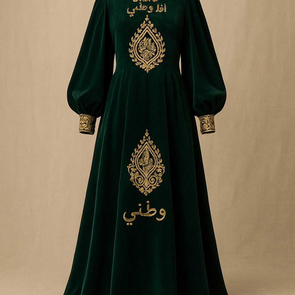A long, modest emerald green dress (Thobe/Abaya style) made from rich silk or heavy velvet.

Embellishments: Features the motto "أنا وطني" and other texts embroidered with exquisite gold threadwork (Zari) on the chest and skirt.

Motif: The central pattern is rendered in intricate gold brocade or heavy hand-embroidery (Talli/Nakshi), reflecting traditional craftsmanship.

Details: Voluminous, long sleeves with gold-trimmed cuffs, and a modest neckline. The design fuses a modern modest silhouette with deep Saudi heritage using luxurious fabrics and royal gold accents.

Vintage fashion design: **Emerald silk or velvet modest dress.** Full length, flowing silhouette. High neckline, voluminous long sleeves with gold cuffs. Gold "أنا وطني" and Arabic text embroidery on chest and skirt. Intricate gold brocade or hand-embroidery (Talli/Nakshi) central motif. Relaxed fit, showcasing traditional Saudi elegance with a Vintage touch.