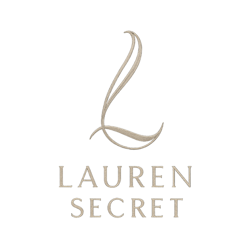 Abstract logo mark for Lauren Secret, inspired by the letter “L”. The shape should be flowing and elegant, reminiscent of a rose stem or petal curve. Minimalist, refined, and easy to apply to activewear fabric. Tone-on-tone or metallic finish, symbol of modern femininity.