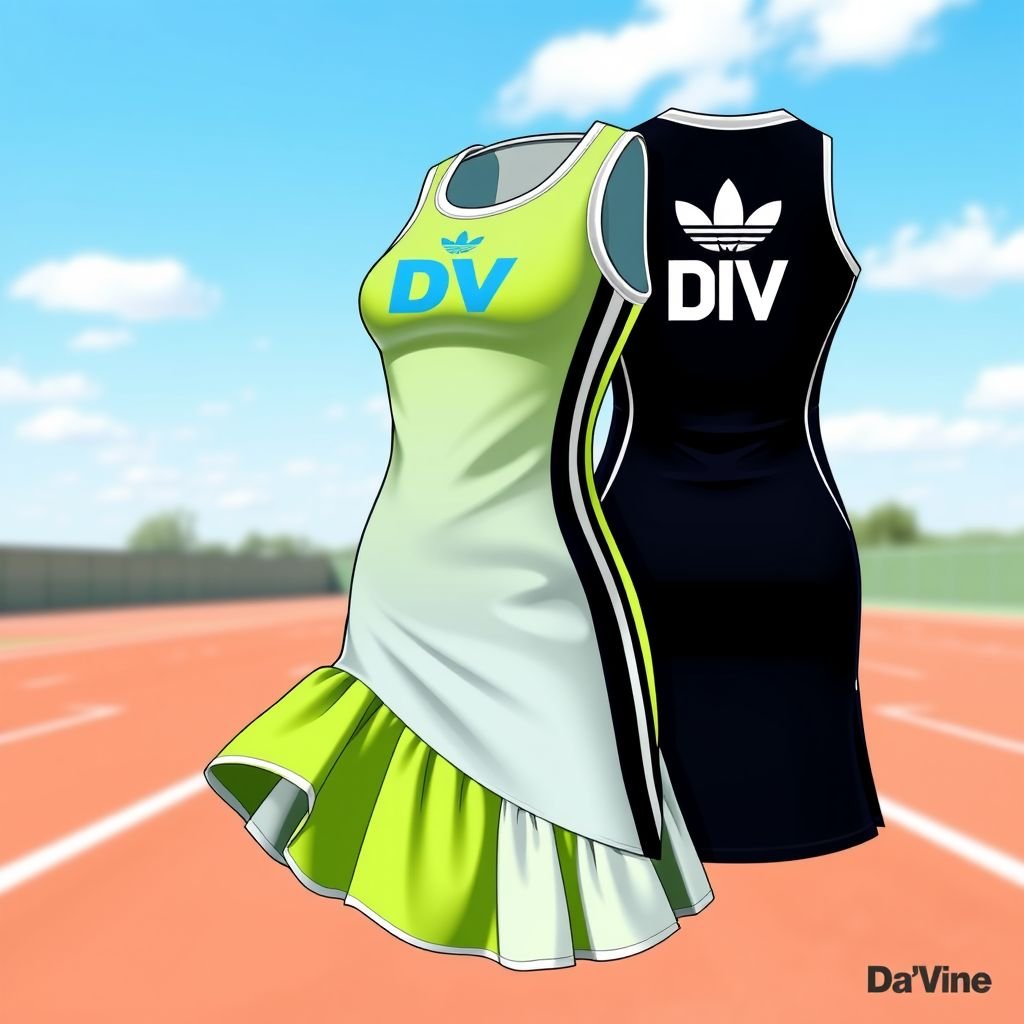 Make me a sporty dress that resembles addidas, but add my logo not adidas , for my brand called “Da’Vine”except add “DV” on it, put 2 stripes and make stretchy and add a little ruffles. The skirt should also look like a tennis dress. Do a lime green and light blue with white
Design a dynamic sporty dress inspired by Adidas for the brand "Da’Vine," featuring bold "DV" branding. Incorporate two sleek stripes along the sides, a figure-hugging, stretchy fabric, and playful ruffles at the hem. The skirt should echo a classic tennis dress silhouette, blending vibrant lime green, light blue, and crisp white seamlessly for an energetic, fashionable look.