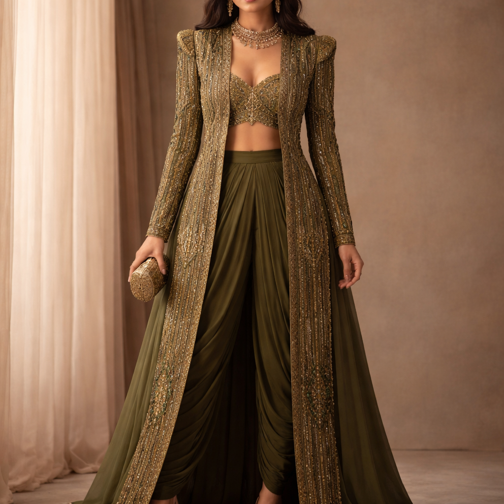 Olive matte georgette dhoti
+
Deep moss silk-blend flared floor jacket
+
Antique gold vertical thread embroidery
+
Structured shoulder
+
Front open slit
Olive matte georgette dhoti
+
Deep moss silk-blend flared floor jacket
+
Antique gold vertical thread embroidery
+
Structured shoulder
+
Front open slit