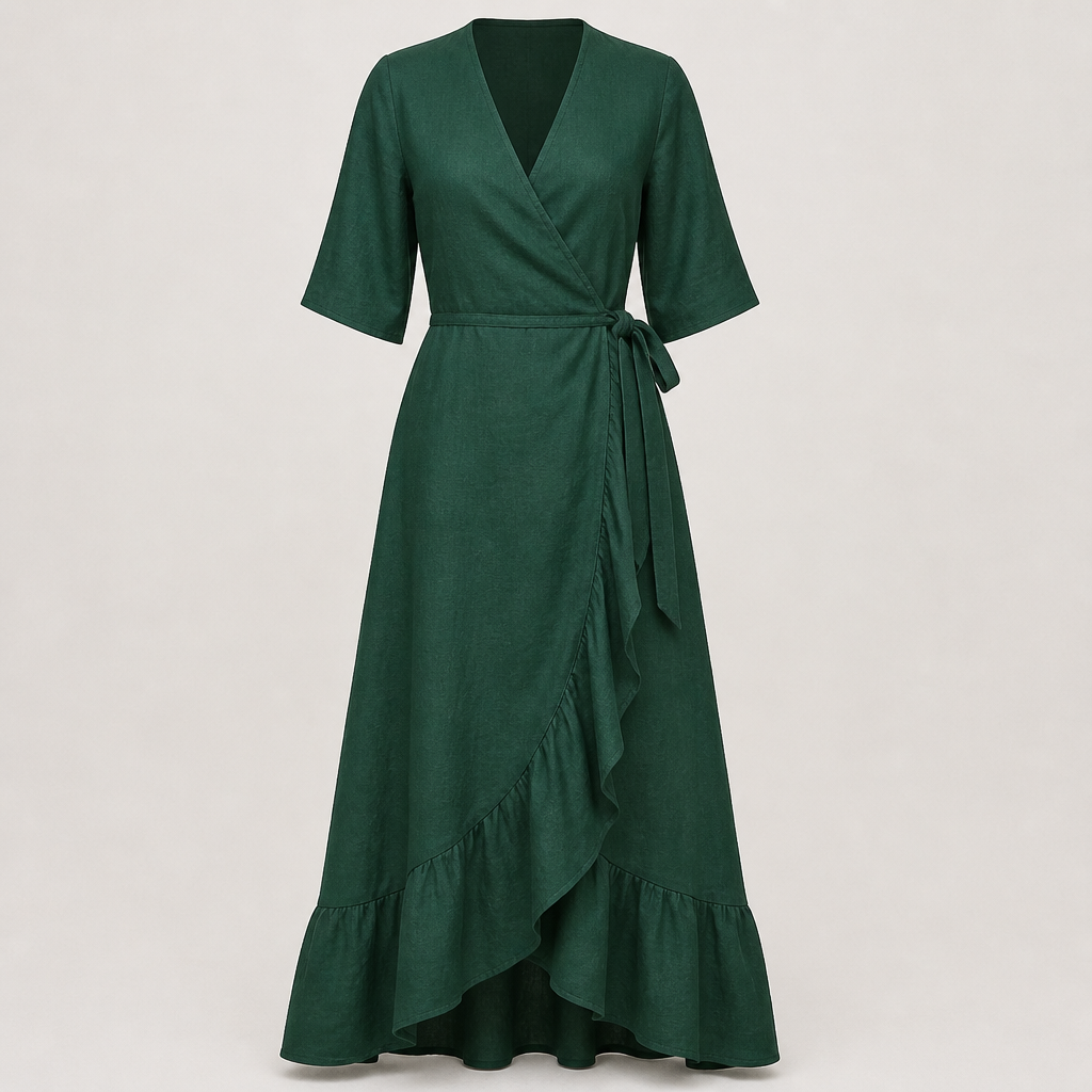 A business-casual emerald green linen blend, relaxed-fit, A line, ankle length wrap dress featuring a high V-neckline and ruffled hem.
photorealistic fashion design, A business-casual emerald green linen blend, relaxed-fit, A line, ankle length wrap dress featuring a high V-neckline and ruffled hem. , just the design no text