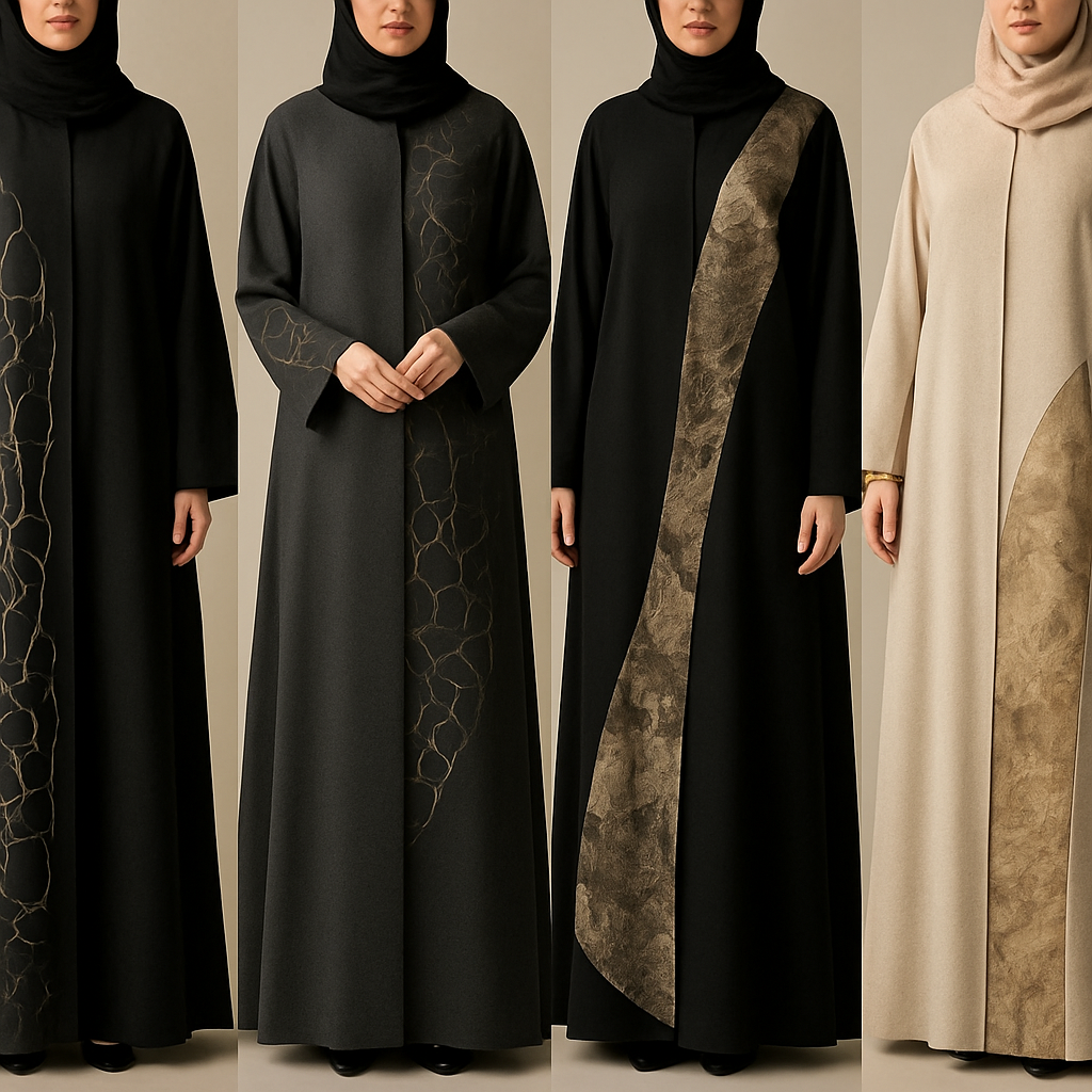 Create a modest abaya that's the first of its kind, featuring a unique stone design that exudes a classy and sophisticated vibe. I'd like four designs, each showcasing different styles and fabrics.
Incorporate high-end, unique chic stone designs to make them truly special.
Create a modest abaya that's the first of its kind, featuring a unique stone design that exudes a classy and sophisticated vibe. I'd like four designs, each showcasing different styles and fabrics.
Incorporate high-end, unique chic stone designs to make them truly special.