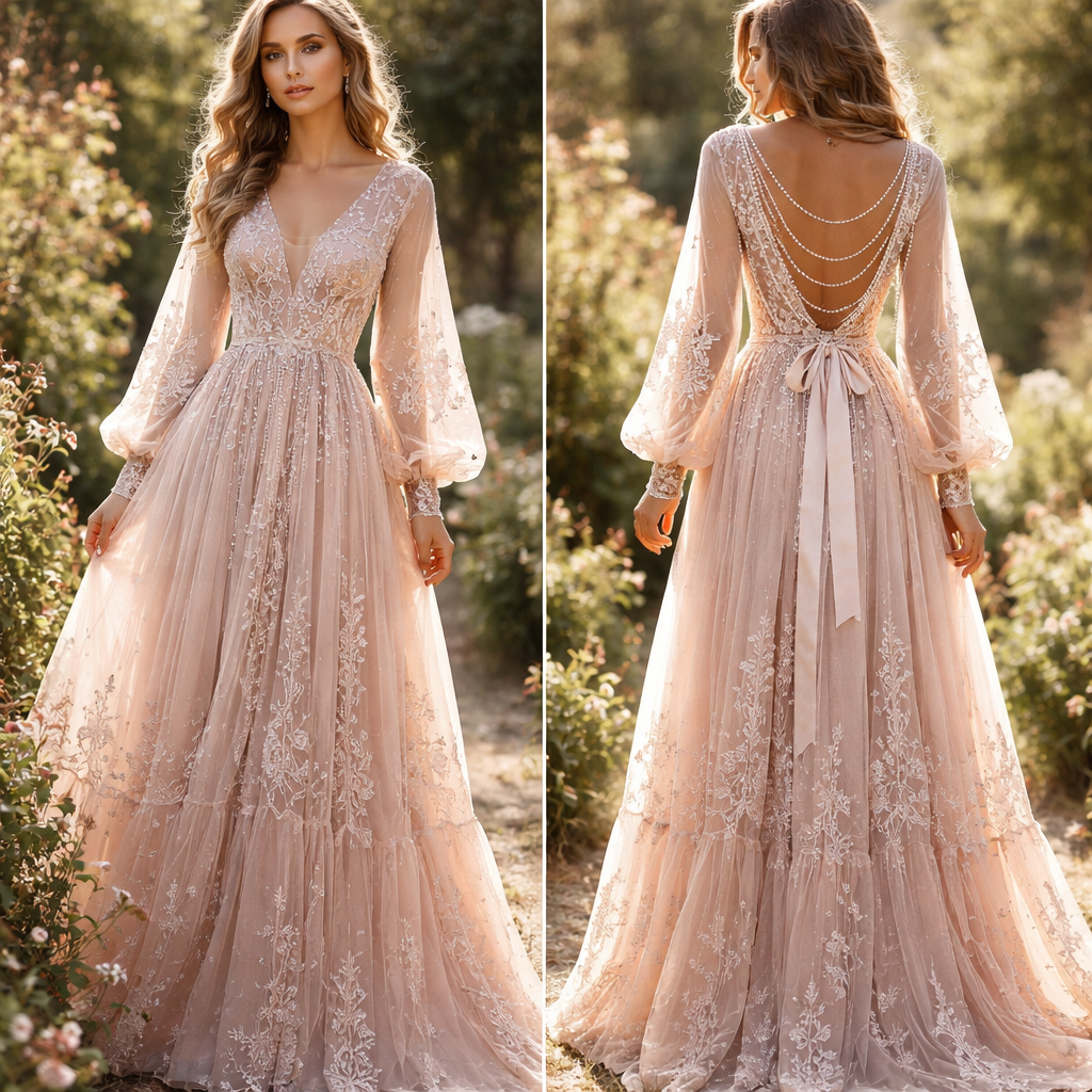 Create a boho blush pink long dreamy
day dress with delicate embroidery and eye catching back detail that includes pearl accents
Create a boho blush pink long dreamy
day dress with delicate embroidery and eye catching back detail that includes pearl accents , formal style, show front and back