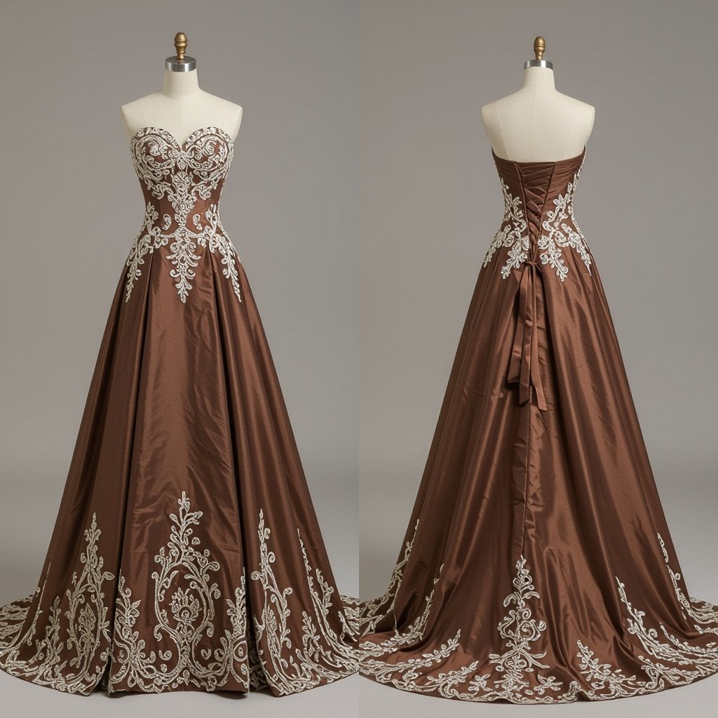 I want the most beautiful, magnificent wedding dress we've ever seen, but I want it to be brown and mocha mousse. I want it to have the most beautiful details, and the embroidery to be exquisite and top-notch. I want a mannequin inside, but please design it beautifully.
Brown and mocha mousse silk wedding gown with intricate embroidery. Sweetheart neckline, fitted bodice, and a flowing A-line skirt. Delicate lace and beadwork details. A beautiful internal mannequin.