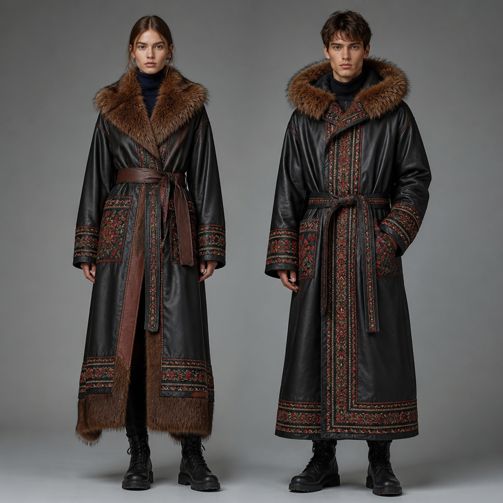 A Unisex Dress design, made of Leather, for Casual, suitable for Winter. Consider Russian fashion — fur and layering traditions, bold patterns, mix of European elegance and Slavic folk motifs. Current season is Summer in Russia.
photorealistic fashion design, A Unisex Dress design, made of Leather, for Casual, suitable for Winter. Consider Russian fashion — fur and layering traditions, bold patterns, mix of European elegance and Slavic folk motifs. Current season is Summer in Russia., just the design no text