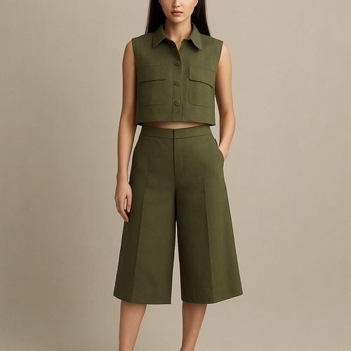 Earthy green Cropped boxy button up sleeveless shirt with oversized below knee  shorts  without jacket. Show head to toe one woman. Show stomach 