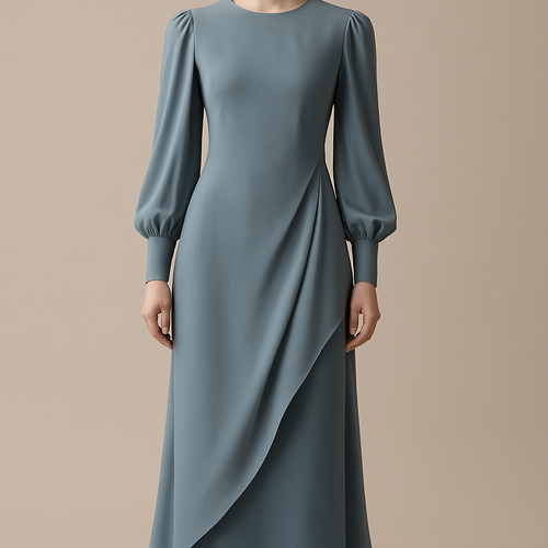 THE SILENT WAVE DRESS
A long matte-silk dress with a curved side drape that flows like a slow wave. Beneath it, a straight fitted skirt in a richer fabric appears only when you move. The sleeves are gently puffed at the shoulder, then taper into a sculpted wrist. Lightweight, goddess-like, serene.

