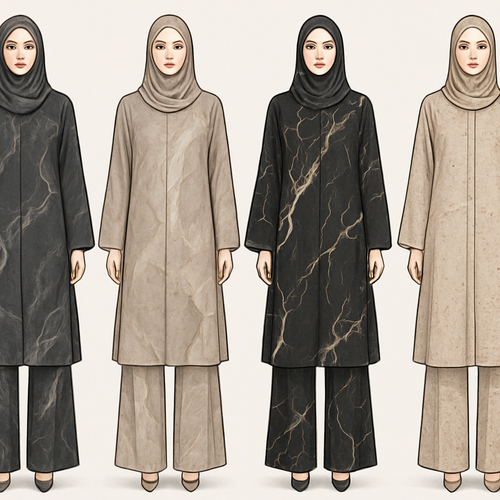 Create a modest abaya and loose pant, first of its kind, featuring a unique stone design that exudes a classy and sophisticated vibe. I'd like four designs, each showcasing different styles and fabrics. Incorporate high-end, unique chic stone designs to make them truly special. Add little sophisticated stone designs. Make it irresistible with designs that stands out.