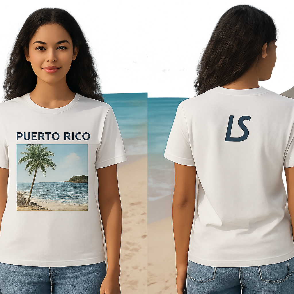 Puerto Rico beach with LS as the logo but in the front of the shirt top right
Puerto Rico beach with LS as the logo but in the front of the shirt top right , casual style, show front and back