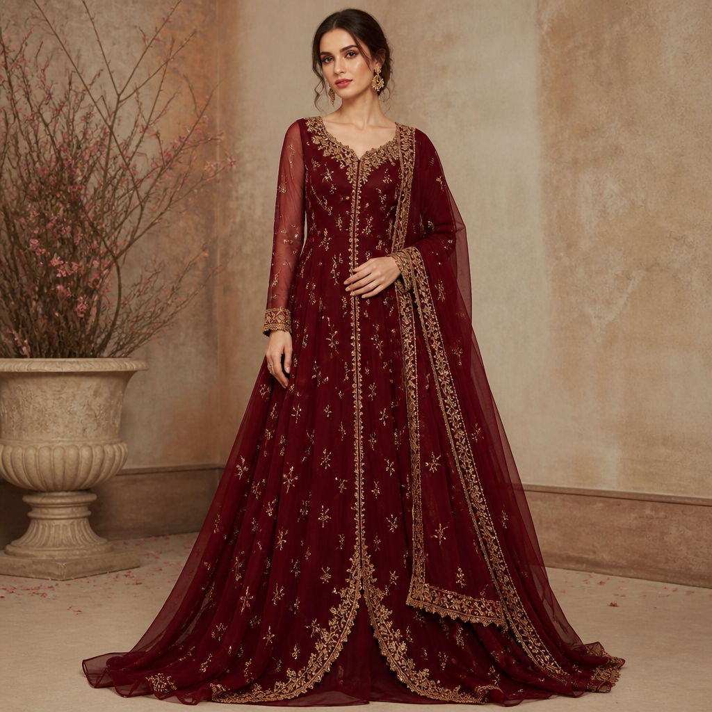 A Female Dress design, suitable for Summer. style: elegant
fabric:silk
occasion; wedding season;winter
color mahroon with golden embroidery
body ;slim
skin tone;fair
fabric feel;flowy And light plz create image Present it as professional fashion catalogue photography: the garment is the subject, shown full-length with editorial styling, neutral posing and tasteful, non-suggestive framing.
photorealistic fashion design, A Female Dress design, suitable for Summer. style: elegant
fabric:silk
occasion; wedding season;winter
color mahroon with golden embroidery
body ;slim
skin tone;fair
fabric feel;flowy And light plz create image Present it as professional fashion catalogue photography: the garment is the subject, shown full-length with editorial styling, neutral posing and tasteful, non-suggestive framing., just the design no text