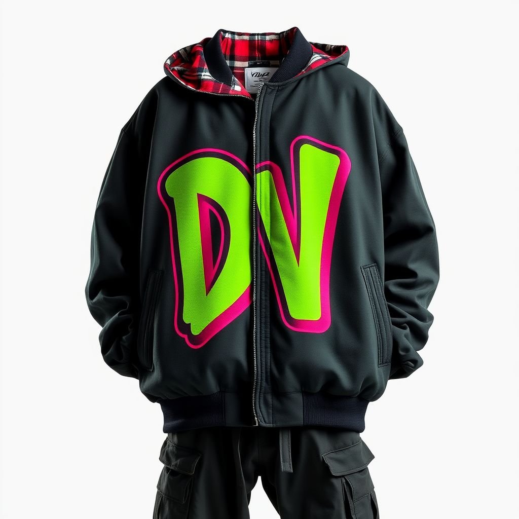 Oversized jacket with plaid lining with “DV” on the front “Da’Vine”
Imagine an oversized streetwear jacket crafted from premium canvas, featuring a bold plaid lining for a pop of color. The front displays an oversized, graffiti-style "DV" emblazoned in bright neon colors, representing “Da’Vine.” Pair it with baggy cargo pants and chunky sneakers for an effortlessly cool look that redefines urban fashion.