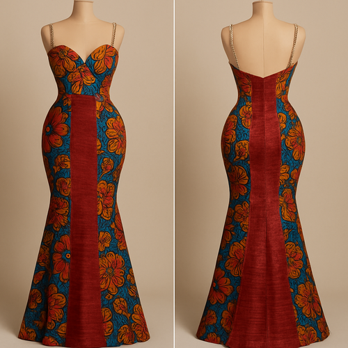 A gorgeous gown made with Ankara and aso oke with beads as straps and tight fitted at the under bust, and fitted at the hip all the way down.