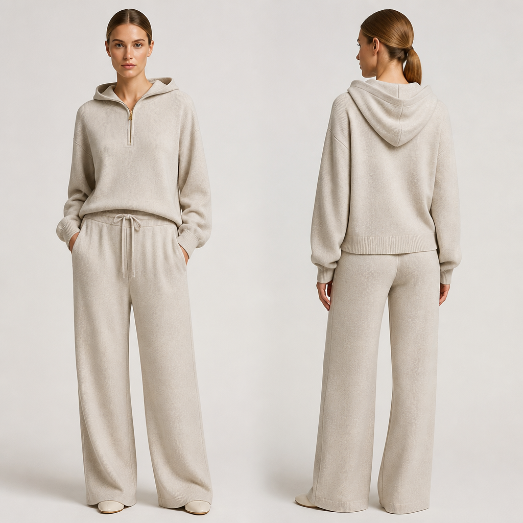 A Female Pants design, for Casual, suitable for Spring, in Quiet Luxury + Glamorous + Minimalist style. this is very beautiful slightly oversized two piece knitwear set. the trouser has drawstring and sweater has concealed zip to get into the garment. the trouser has side pockets and it's a hoodie set , the fabric very soft summer light weight knitwear fabric. and it's for business class garments. the Quality is luxury amazing casual wear h. Design with modest coverage.
photorealistic fashion design, A Female Pants design, for Casual, suitable for Spring, in Quiet Luxury + Glamorous + Minimalist style. this is very beautiful slightly oversized two piece knitwear set. the trouser has drawstring and sweater has concealed zip to get into the garment. the trouser has side pockets and it's a hoodie set , the fabric very soft summer light weight knitwear fabric. and it's for business class garments. the Quality is luxury amazing casual wear h. Design with modest coverage., quiet_luxury style, just the design no text, show front and back