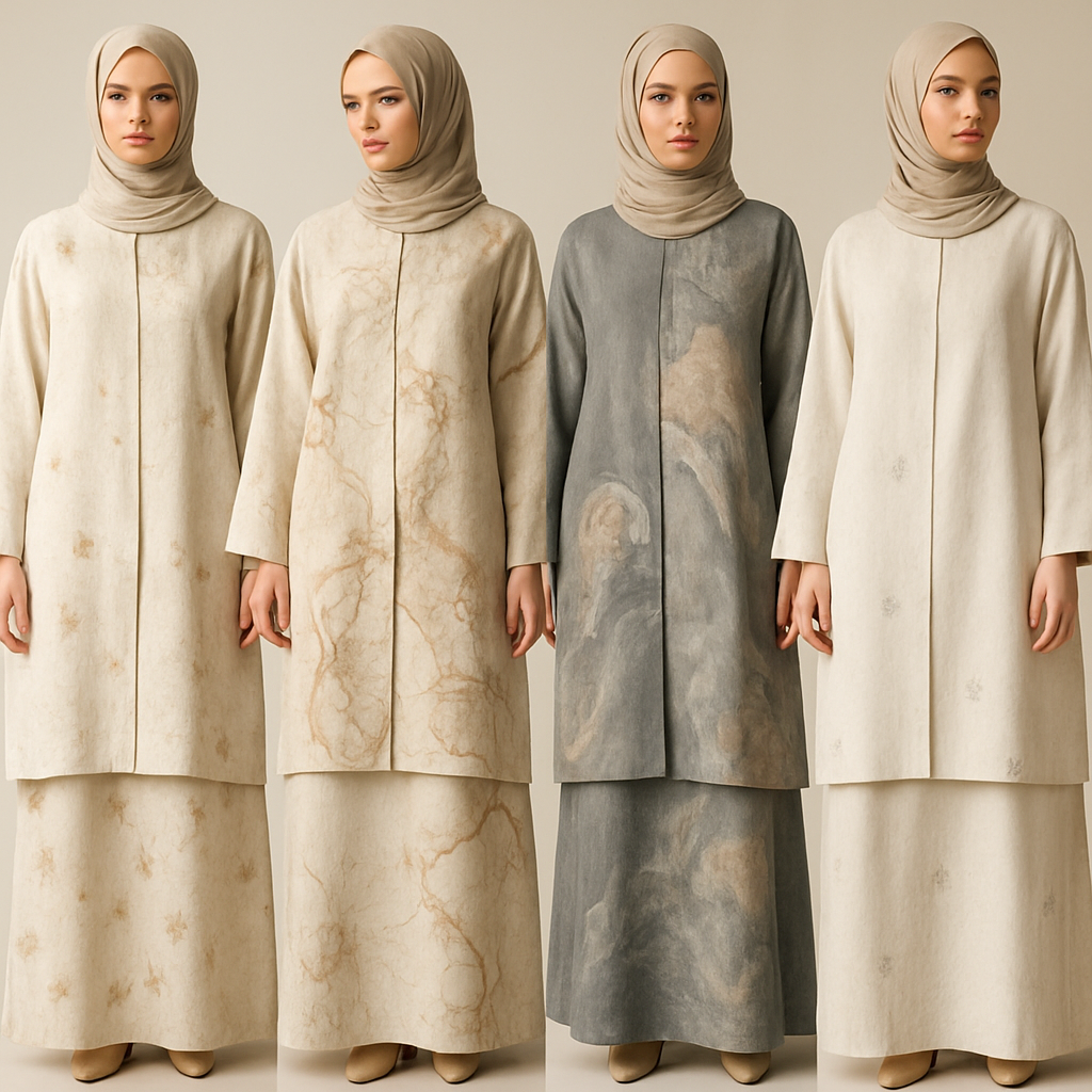 Create a modest two-piece linen abaya, the first of its kind, featuring a unique stone design that exudes a classy and sophisticated vibe. I’d like four designs, each showcasing different styles and fabrics. Incorporate high-end, unique chic stone designs to make them truly special. Add little sophisticated stone designs.

Create a modest two-piece linen abaya, the first of its kind, featuring a unique stone design that exudes a classy and sophisticated vibe. I’d like four designs, each showcasing different styles and fabrics. Incorporate high-end, unique chic stone designs to make them truly special. Add little sophisticated stone designs.