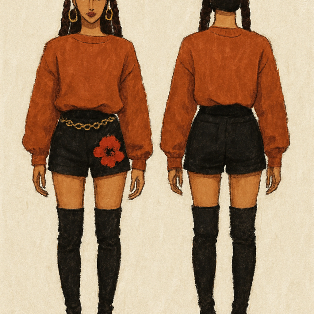 Sweater shirt black shorts gold chain on shorts flower on the shorts braids thigh high boots
Sweater shirt black shorts gold chain on shorts flower on the shorts braids thigh high boots , artsy style, show front and back