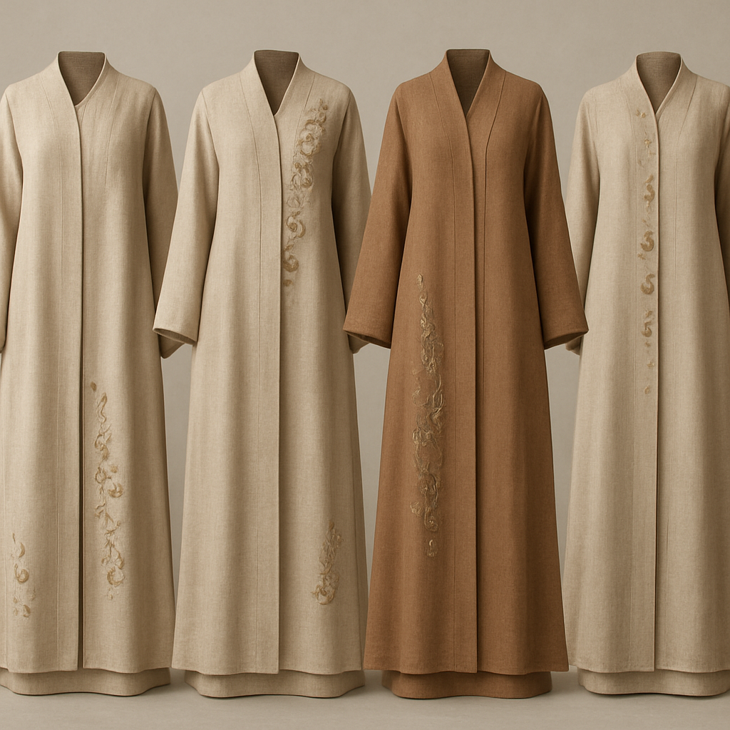 Create a modest two-piece linen abaya, the first of its kind, featuring a unique stone design that exudes a classy and sophisticated vibe. I’d like four designs, each showcasing different styles and fabrics. Incorporate high-end, unique chic stone designs to make them truly special. Add little sophisticated stone designs.
Create a modest two-piece linen abaya, the first of its kind, featuring a unique stone design that exudes a classy and sophisticated vibe. I’d like four designs, each showcasing different styles and fabrics. Incorporate high-end, unique chic stone designs to make them truly special. Add little sophisticated stone designs.