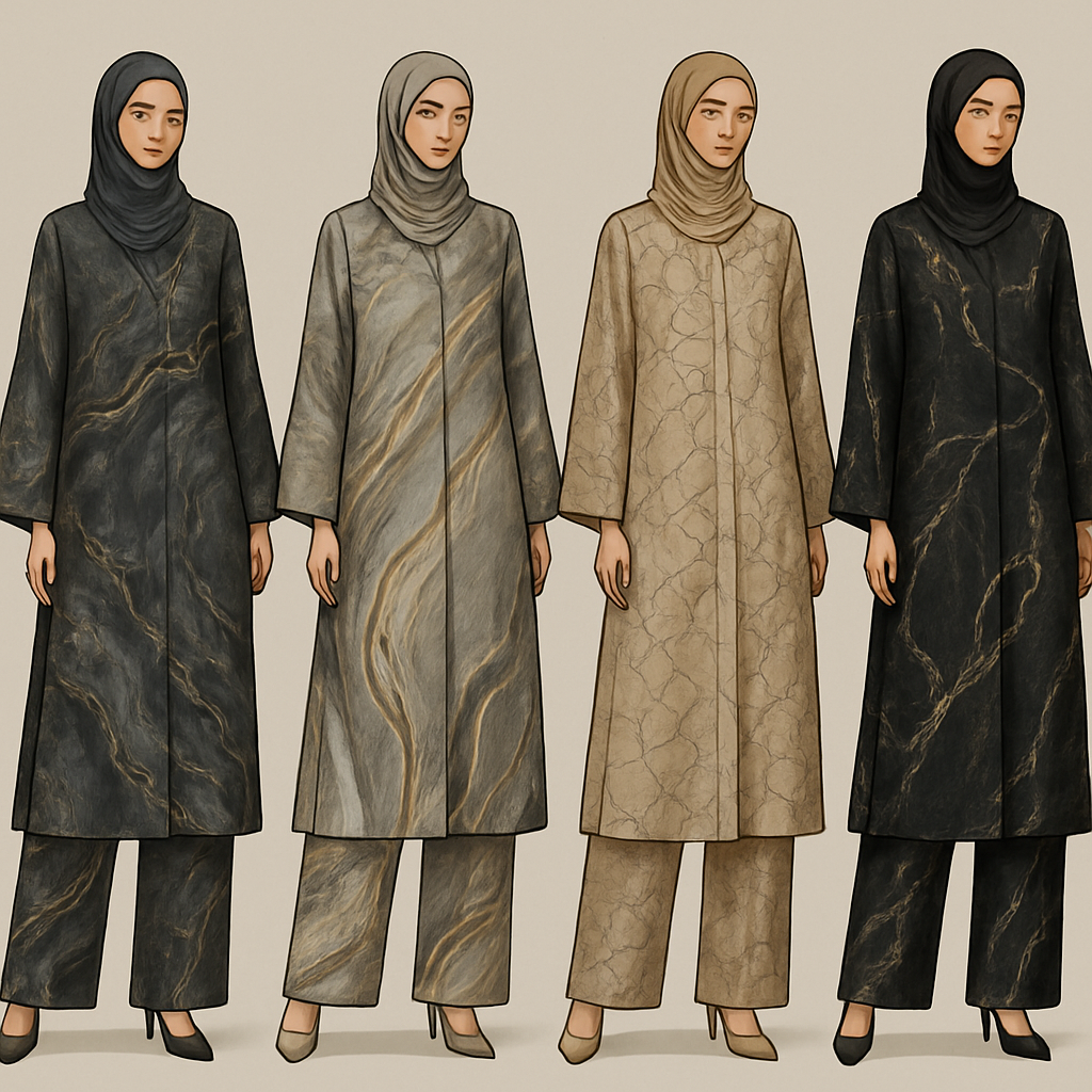 Create a modest abaya and loose pant, first of its kind, featuring a unique stone design that exudes a classy and sophisticated vibe. I'd like four designs, each showcasing different styles and fabrics. Incorporate high-end, unique chic stone designs to make them truly special. Add little sophisticated stone designs. Make it irresistible with designs that stands out.

Create a modest abaya and loose pant, first of its kind, featuring a unique stone design that exudes a classy and sophisticated vibe. I'd like four designs, each showcasing different styles and fabrics. Incorporate high-end, unique chic stone designs to make them truly special. Add little sophisticated stone designs. Make it irresistible with designs that stands out.