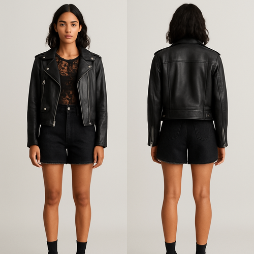 Shorts , lace top
, leather jacket