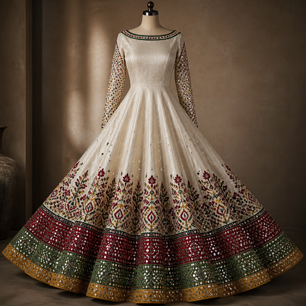 photorealistic fashion design, photorealistic fashion design, Ivory colour raw silk Anarkali with full sleeves..give mustard yellow brocade border of 3 inches at the bottom of the anarkali and above it bright green mirror work border of 5 inches and above it black katha work border of 2 inches and above it bright reddish maroon border with katha work of 7 inches...Give a heavy flare to the anarkali and sleeves should have full mirror work only in the colours of the borders used at the bottom of the anarkali...and the entire outfit should be well fitted and give stylish fit to the bust area. Design with modest coverage., just the design no text. Refinement: In this same outfit give thick rajasthani folk embroidery of about 10 inches above the maroon border...and change the neckline to wide round shape , just the design no text. Refinement: In this same outfit change the neckline to boat neck and give 1 bright reddish maroon thin border of full mirror work on the entire neckline followed by black full mirror work thin border and then thin bright green mirror border
photorealistic fashion design, photorealistic fashion design, photorealistic fashion design, Ivory colour raw silk Anarkali with full sleeves..give mustard yellow brocade border of 3 inches at the bottom of the anarkali and above it bright green mirror work border of 5 inches and above it black katha work border of 2 inches and above it bright reddish maroon border with katha work of 7 inches...Give a heavy flare to the anarkali and sleeves should have full mirror work only in the colours of the borders used at the bottom of the anarkali...and the entire outfit should be well fitted and give stylish fit to the bust area. Design with modest coverage., just the design no text. Refinement: In this same outfit give thick rajasthani folk embroidery of about 10 inches above the maroon border...and change the neckline to wide round shape , just the design no text. Refinement: In this same outfit change the neckline to boat neck and give 1 bright reddish maroon thin border of full mirror work on the entire neckline followed by black full mirror work thin border and then thin bright green mirror border, just the design no text