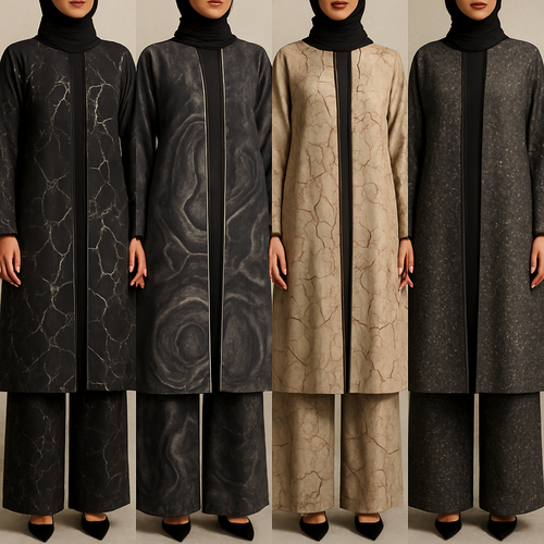 Create a modest abaya and loose pant, first of its kind, featuring a unique stone design that exudes a classy and sophisticated vibe. I'd like four designs, each showcasing different styles and fabrics. Incorporate high-end, unique chic stone designs to make them truly special. Add little sophisticated stone designs. Make it irresistible with designs that stands out.