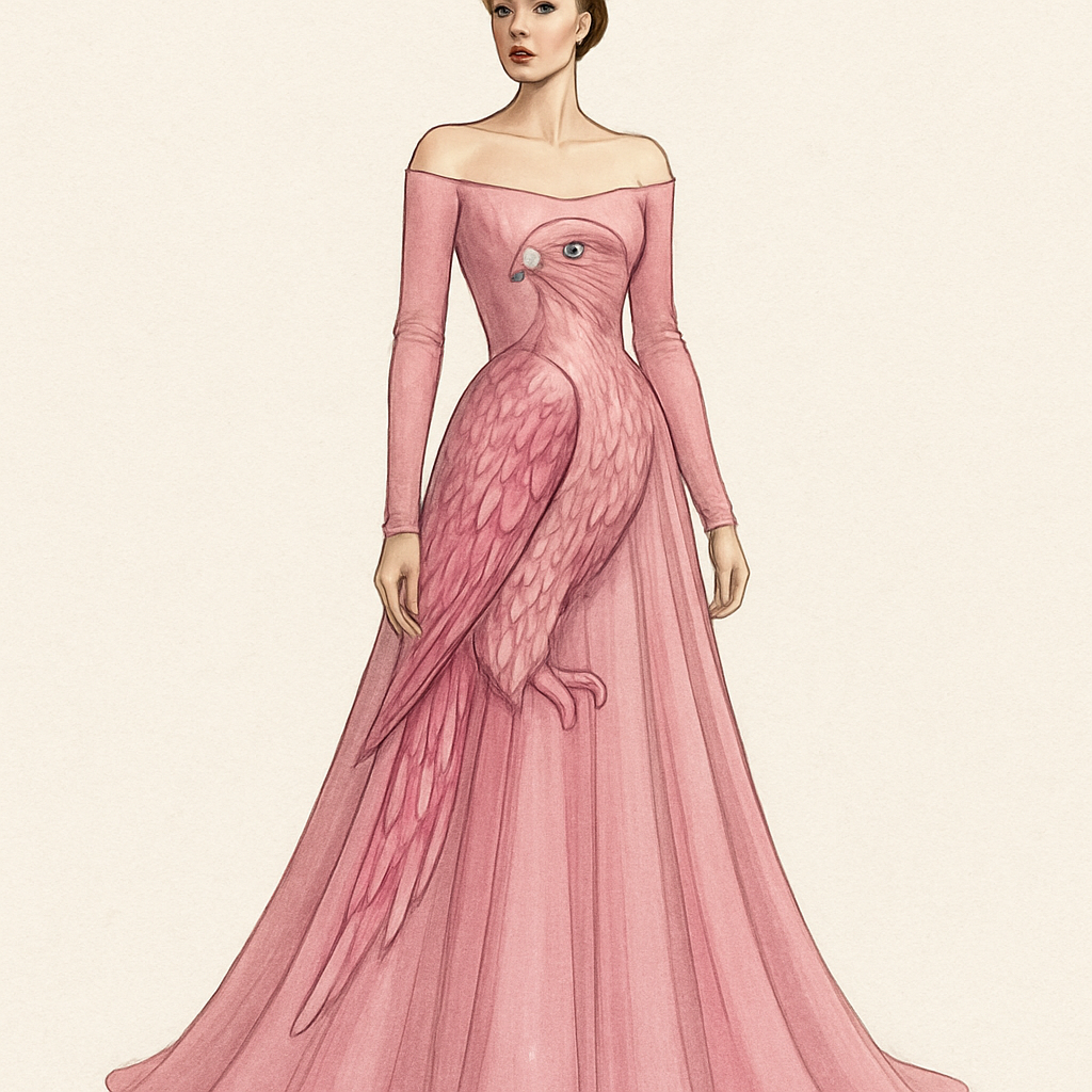create a pageant gown with a pink falcon bird details, long sleeves and off shoulder style
create a pageant gown with a pink falcon bird details, long sleeves and off shoulder style