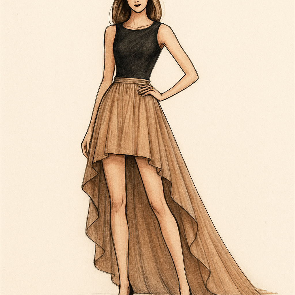 Saia curta a frente e longa atrás (estilo cauda comprida)
Saia curta a frente e longa atrás (estilo cauda comprida)