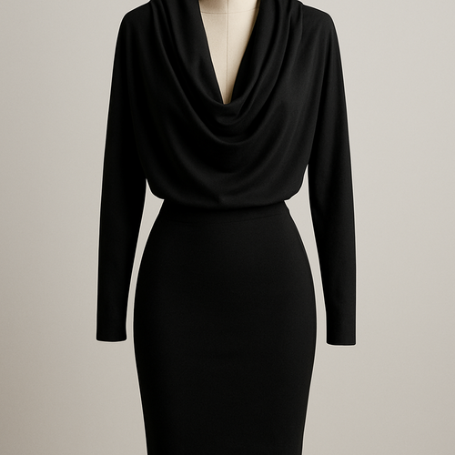 Black long sleeve dress with long loose cowl neck and tight skirt