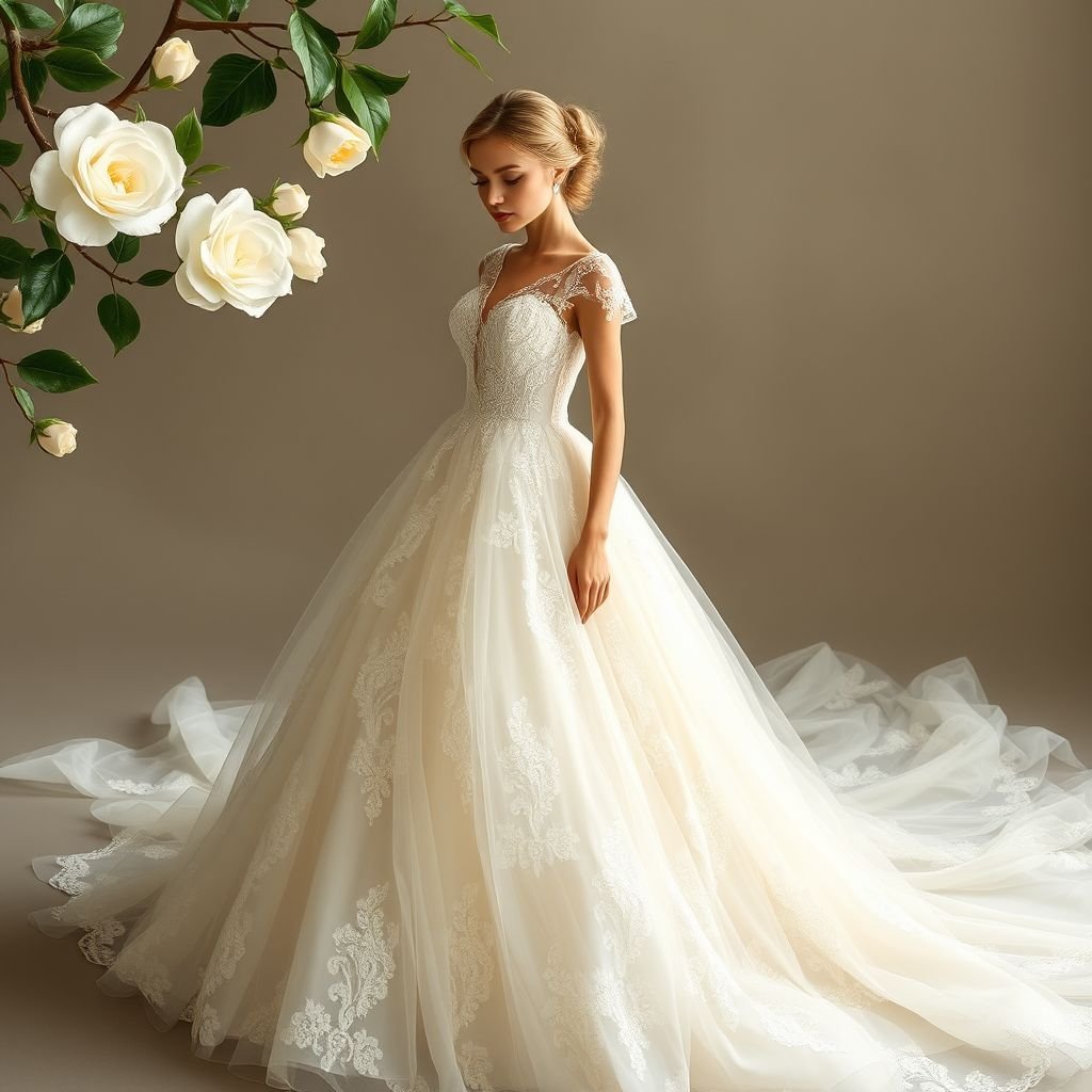 A wedding dress inspired by the flower gardenia
Design an ethereal wedding dress inspired by the delicate gardenia flower, embodying princesscore aesthetics. Envision layers of soft, flowing silk and tulle adorned with intricate lace resembling blooming petals. Incorporate a cascading train, gentle pastel hues, and whimsical floral embellishments, evoking a fairy-tale romance fit for a modern-day princess.