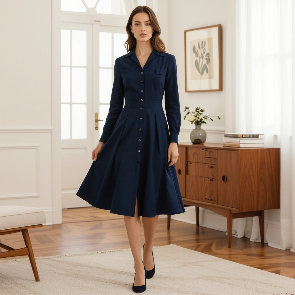 Trendy c
Classic fashion: Classic elegant dress, cotton, navy, button-front, tailored fit, midi length, simple collar, long sleeves.