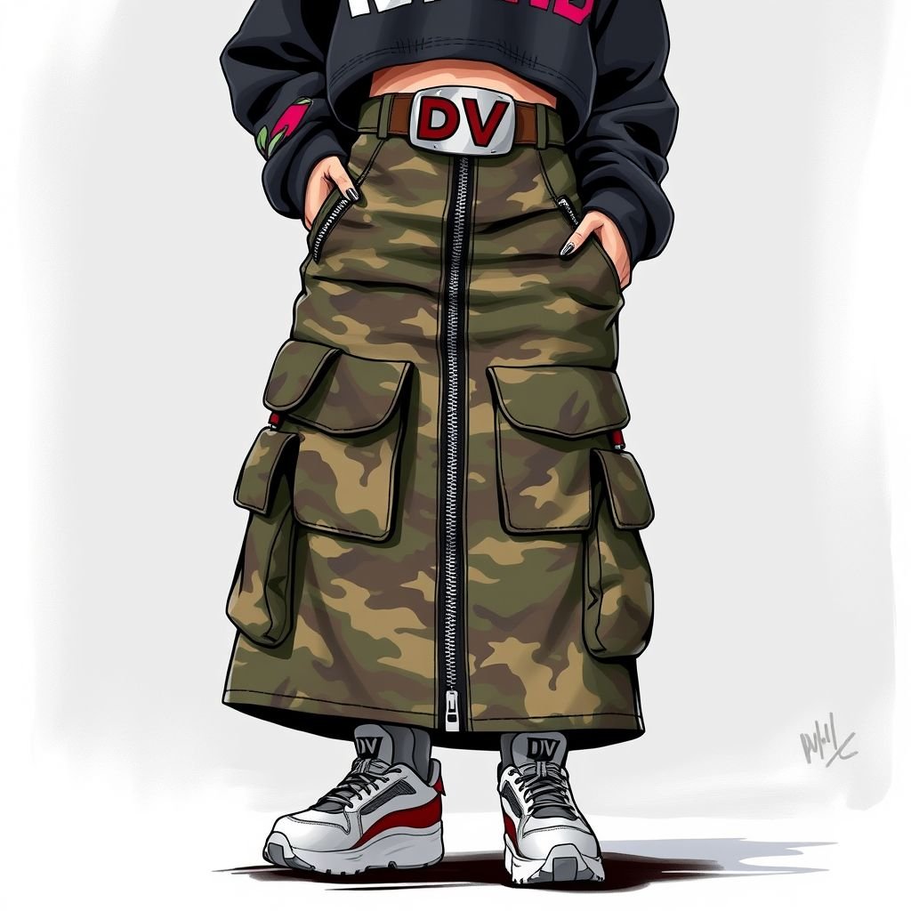 Camo skirt with pockets and zippers. Give it a 90’s YK2 look. Give it a belt that has DV on it
Design an edgy streetwear ensemble featuring a high-waisted camo skirt adorned with oversized pockets and bold zippers, evoking a 90s Y2K vibe. Layer the skirt with a cropped graphic hoodie, chunky sneakers, and accessorize with a statement belt emblazoned with "DV." Incorporate vibrant colors and street-inspired patterns for a fresh urban look.