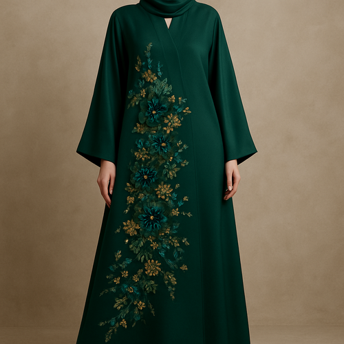 Create me an abaya based on these descriptions.             The Emerald Garden Abaya
Tone: Rich Emerald Green
Design:
Couture floral appliqués in emerald and gold, softly arranged diagonally from waist to hem.
Embellishment:
Hand-set gold crystals and glass beads woven within the flowers.
Vibe:
Regal, graceful, soft shine.