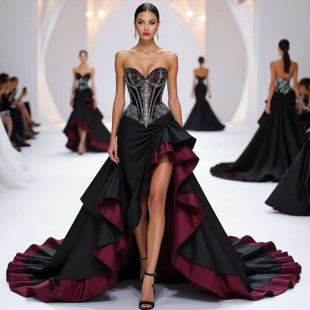 Iconic red carpet fashion design. A sparkling gemstone corset covered in black, burgundy and silver crystals, highlighting the waist. The skirt is asymmetrical: short and sexy in the front, with a dramatic oversized ruffled train in black and burgundy satin, flowing like fire. Powerful, unforgettable haute couture illustration, avant-garde style.
Elegant fashion: Sparkling gemstone corset, black, burgundy, silver crystals, defined waist. Asymmetrical skirt: short front, dramatic ruffled train, black, burgundy satin. Elegant haute couture.