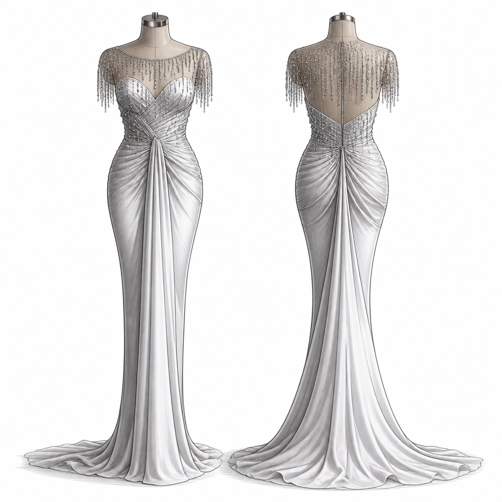 A Female Dress design, suitable for Summer, in Elegant style. create a pencil gown with drapes and illusion neckline with beaded frienges. Nigeria fashion aesthetics.
photorealistic fashion design, A Female Dress design, suitable for Summer, in Elegant style. create a pencil gown with drapes and illusion neckline with beaded frienges. Nigeria fashion aesthetics., elegant style, just the design no text