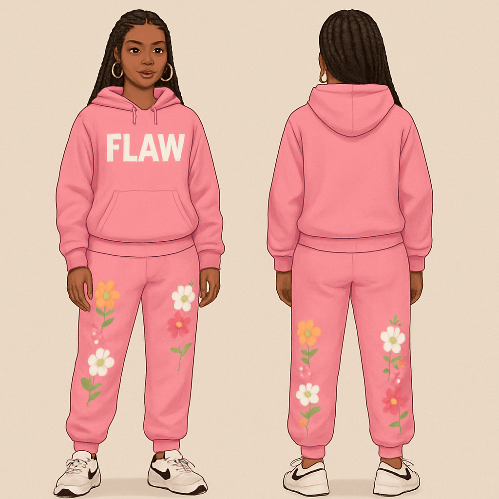 A pink jogging suit with the word FLAW on the hoodie and the jogging pants with flowers as a design a gold chain and gold hoop earrings and Nike shoes and box braids
A pink jogging suit with the word FLAW on the hoodie and the jogging pants with flowers as a design a gold chain and gold hoop earrings and Nike shoes and box braids , streetwear style, show front and back
